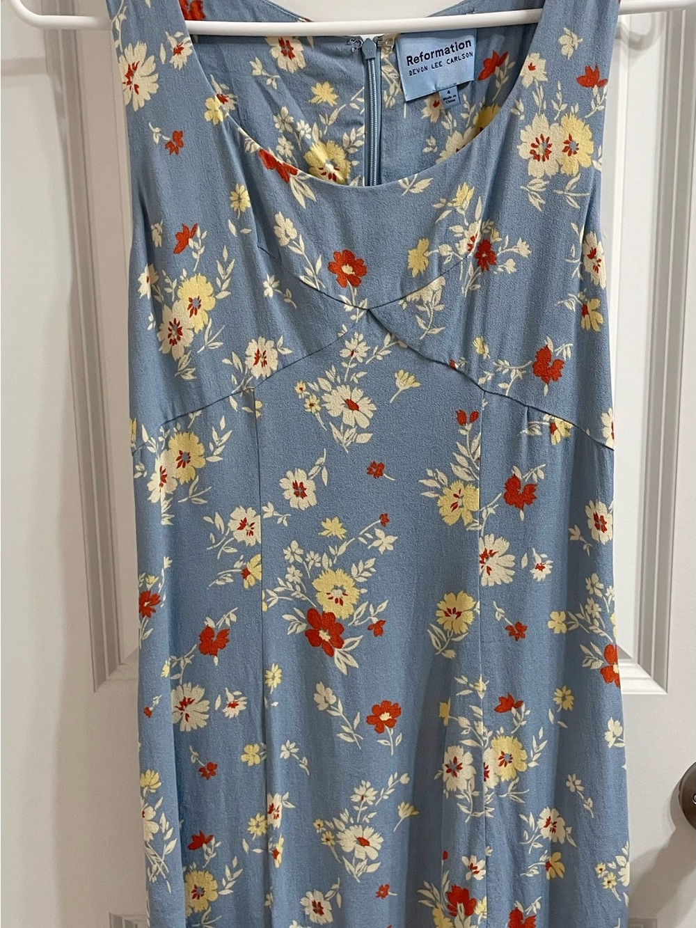 Reformation Light Blue Floral Midi Dress with Cream and Red Flowers